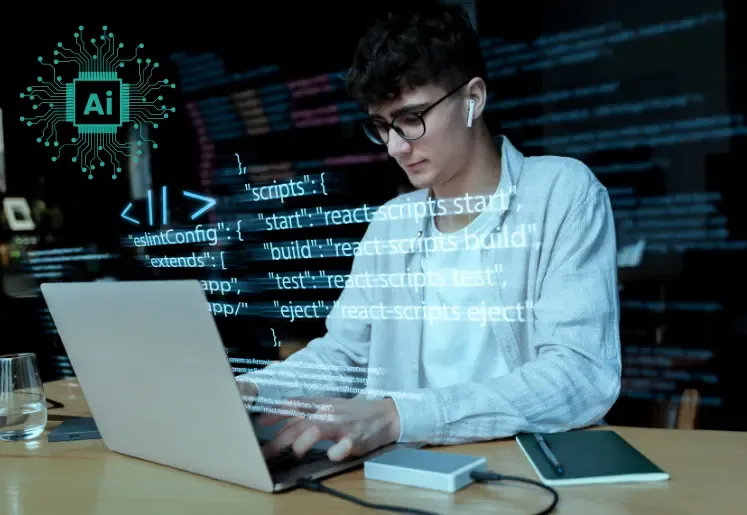 Developer coding with AI-assisted tools overlayed on screen