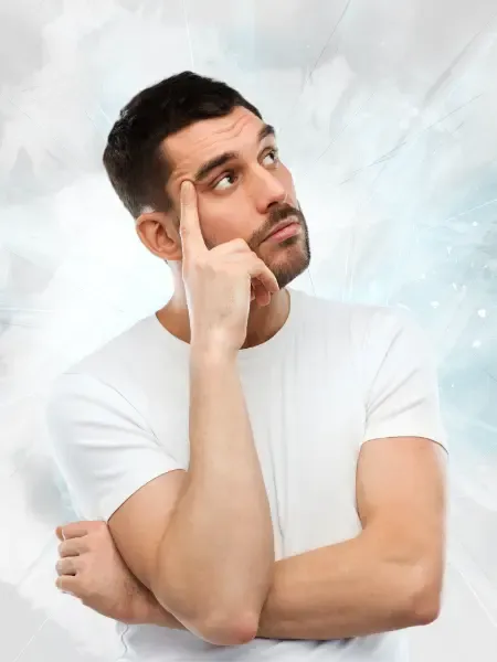 Man thinking about logo and branding design ideas