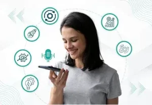 Woman using voice search with icons representing optimization and growth