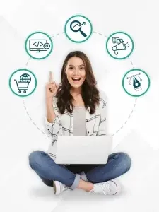 Excited woman with laptop surrounded by digital marketing service icons