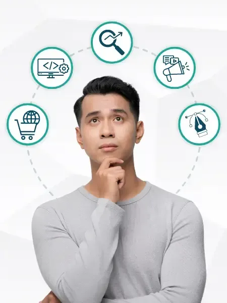 Man considering digital marketing services including SEO, development, e-commerce, and design