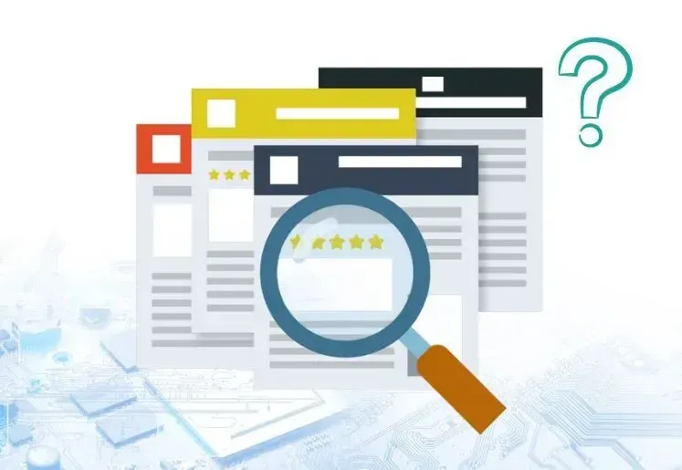 Illustration of comparing search result listings and star ratings with a magnifying glass