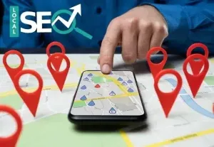 Local SEO illustration showing map pins and mobile search results