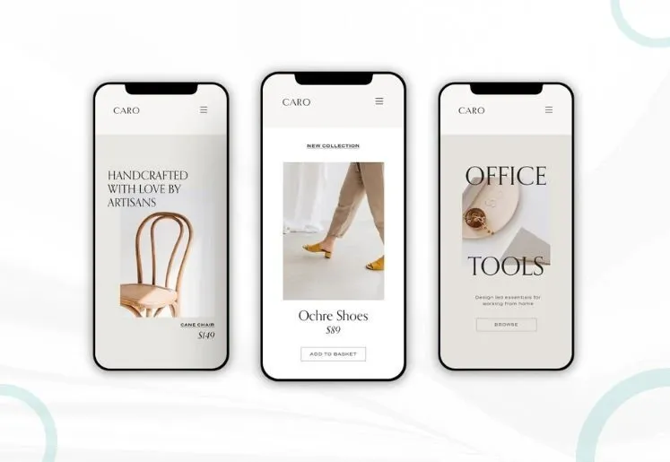 Mobile e-commerce UI design example showing product pages on a smartphone