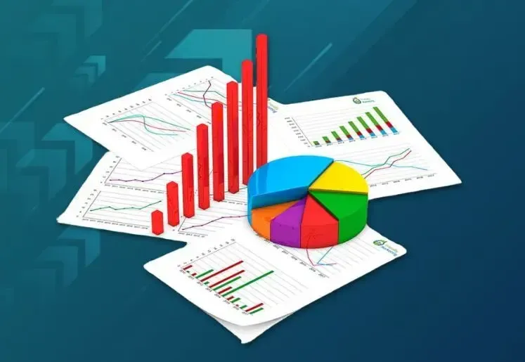 3D illustration of SEO analytics reports with bar and pie charts