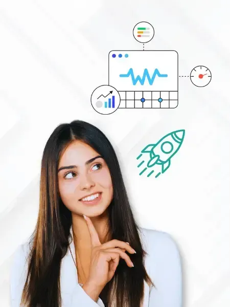 Woman thinking about website growth, speed, and performance optimization with Adept Digitals
