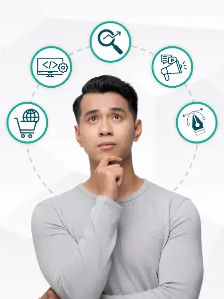 Thoughtful man surrounded by icons for SEO, marketing, web design, e-commerce, and branding.