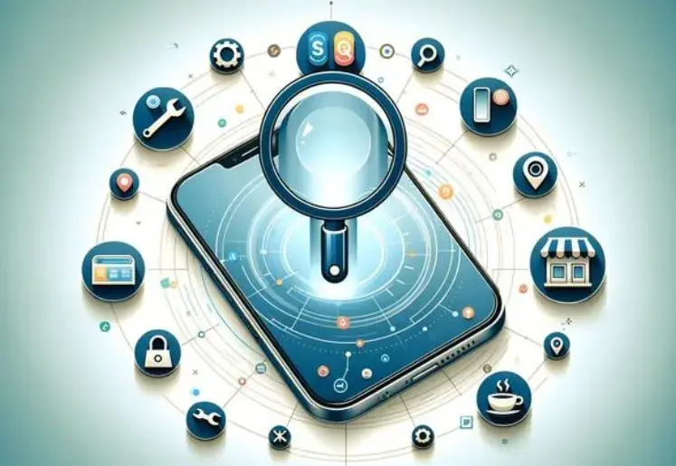 Phone with magnifying glass surrounded by icons representing search, tools, location, and stores.