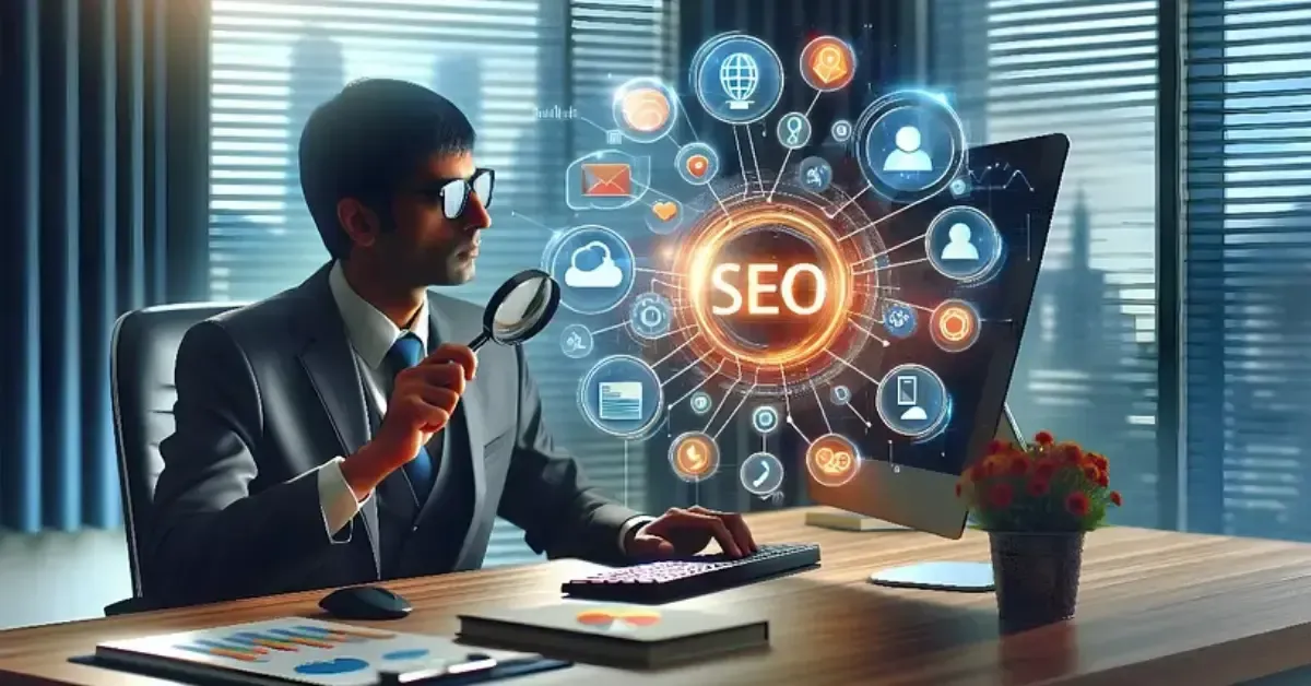 Businessman analyzing SEO strategy with digital marketing icons