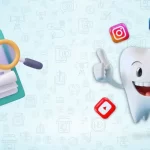 Smiling tooth character with social media icons & a checklist for dental marketing.