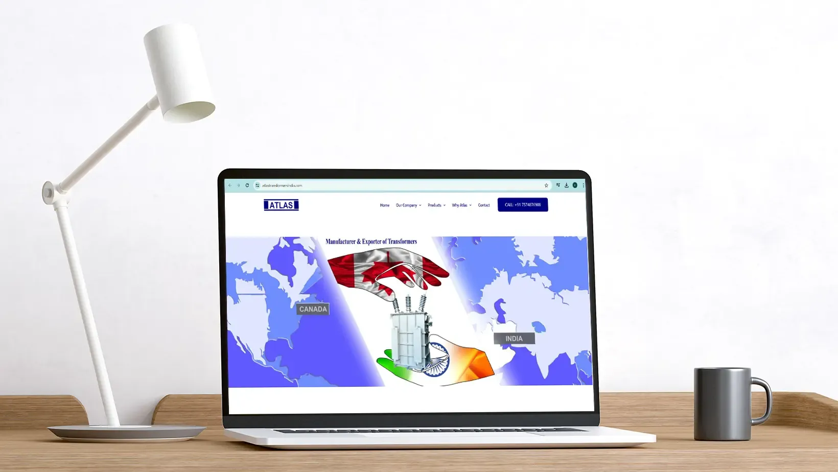Laptop mockup of Atlas Transformers manufacturing website by Adept Digitals