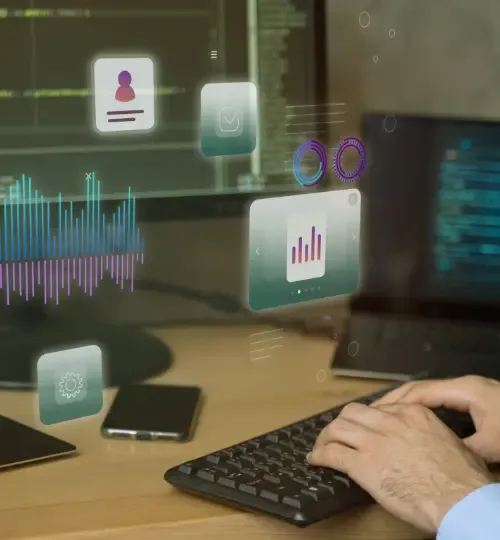 Digital analytics and technology overlay illustration on a workspace