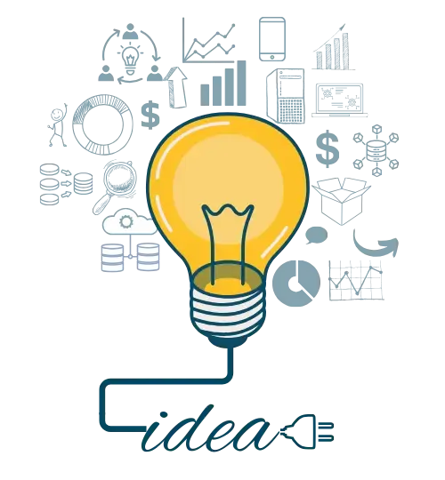 Illustration of an idea lightbulb surrounded by digital marketing and data icons