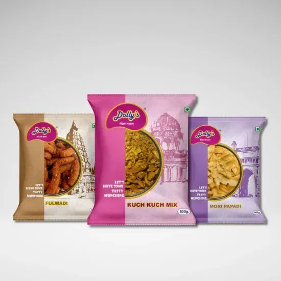 Dolly's Namkeen snack packaging design by Adept Digitals