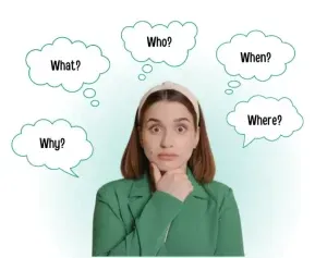 Woman with question bubbles representing frequently asked questions at Adept Digitals