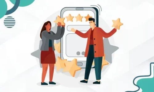 Two people give a five-star rating to a service displayed on a mobile phone.